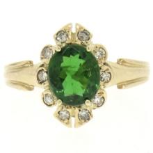 Vintage 14k Yellow Gold 1.15 ctw Green Tourmaline Solitaire & Diamond Halo Ring