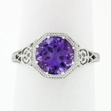 NEW 14k White Gold 1.85 ctw Fine Filigree & Milgrain Work Amethyst Solitaire Rin