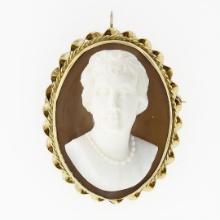 Vintage 14k Gold Concave Carved Shell Cameo Twist Wavy Frame Pendant Brooch Pin