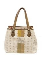 MCM White Leather Lion Visetos Shopper Bag