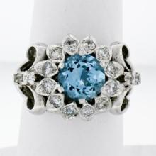 Fancy Vintage 14K White Gold 2.85 ctw Round Aquamarine Diamond Dome Cocktail Rin