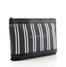 Balenciaga Navy Zip Pouch Striped Canvas and Leather Large Black, Blue, Neutral