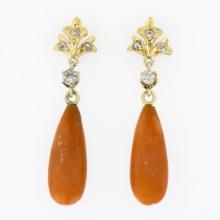 Antique 18K Gold 0.25 ctw European Diamond Orange Coral Tear Drop Dangle Earring