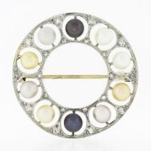 Antique Belle Epoque Platinum Multi Color Pearl Diamond Wreath Circle Pin Brooch