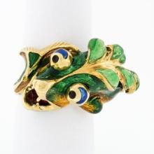 Vintage 18K Yellow Gold Multi Color Enamel Large Dragon or Fish Wrap Band Ring