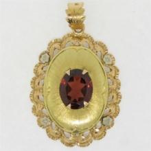 Vintage 18k Yellow Rose and White Gold 3.42 ctw Oval Garnet Solitaire Etched Flo