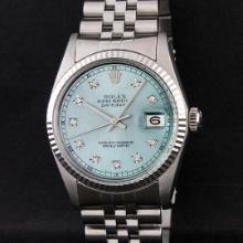 Rolex Mens Stainless Steel Blue Diamond Fluted Bezel 36MM Datejust Wristwatch