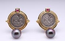 Pair of 18k Yellow Gold South Sea Black Pearl, Ruby & Byzantine Coin Earrings