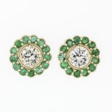 New 14k Yellow Gold 1.33 ctw Diamond Emerald Halo Milgrain Flower Cluster Earrin