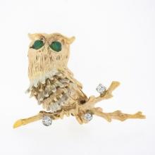 Vintage Detailed Textured 14K TT Gold Diamond & Chalcedony Owl on Branch Brooch