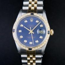 Rolex Mens 2 Tone Blue Diamond & Sapphire Datejust Wristwatch 36MM