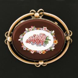 Antique 10k Gold Micro Mosaic Grape Scene Carnelian & Tube Frame Oval Pin Brooch