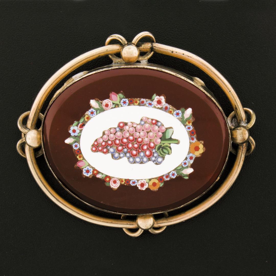 Antique 10k Gold Micro Mosaic Grape Scene Carnelian & Tube Frame Oval Pin Brooch