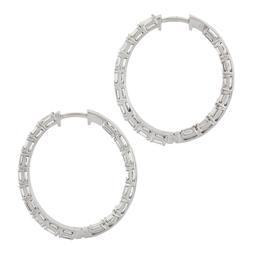 14K White Gold Large 5 ctw In and Out Emerald Cut Diamond Oval Shape Hoop Earrin