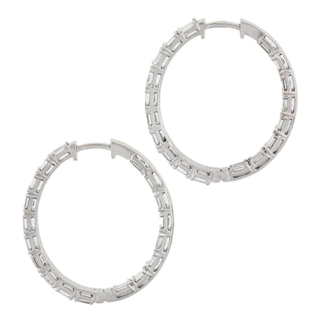 14K White Gold Large 5 ctw In and Out Emerald Cut Diamond Oval Shape Hoop Earrin