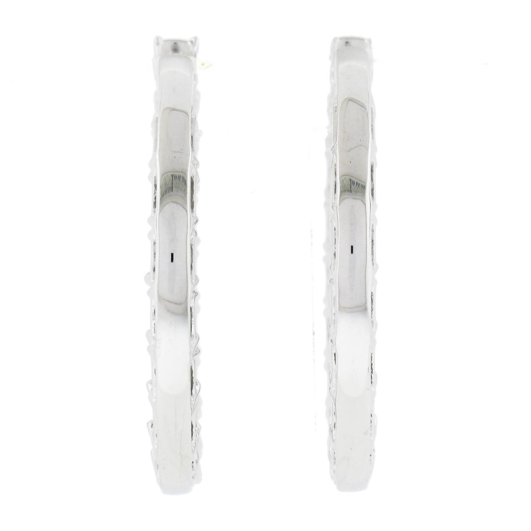 14K White Gold Large 5 ctw In and Out Emerald Cut Diamond Oval Shape Hoop Earrin