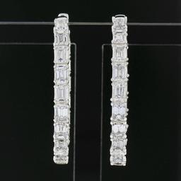 14K White Gold Large 5 ctw In and Out Emerald Cut Diamond Oval Shape Hoop Earrin
