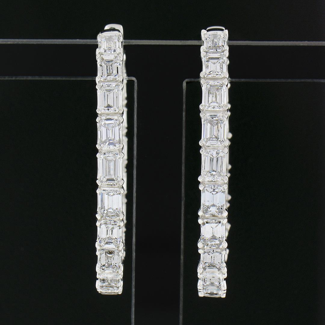 14K White Gold Large 5 ctw In and Out Emerald Cut Diamond Oval Shape Hoop Earrin