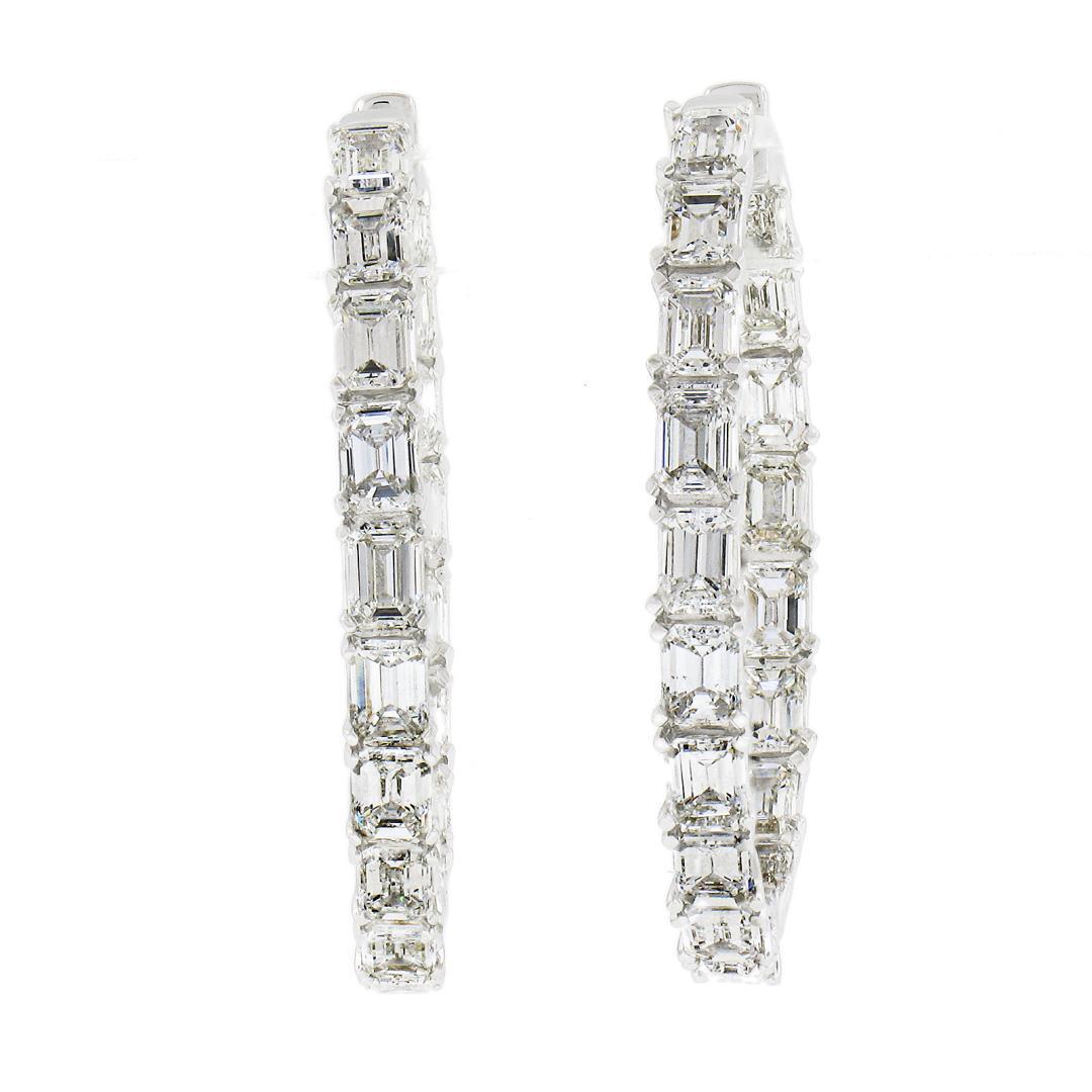 14K White Gold Large 5 ctw In and Out Emerald Cut Diamond Oval Shape Hoop Earrin