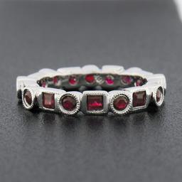 Estate 18k White Gold 1.42 ctw Round & Square Ruby Bezel Station Stack Band Ring