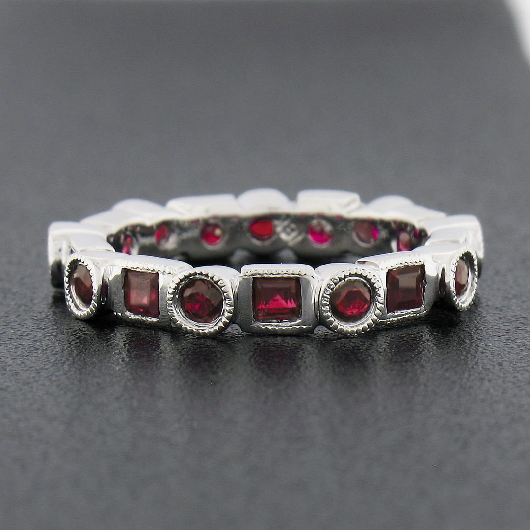 Estate 18k White Gold 1.42 ctw Round & Square Ruby Bezel Station Stack Band Ring