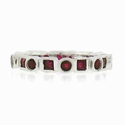 Estate 18k White Gold 1.42 ctw Round & Square Ruby Bezel Station Stack Band Ring