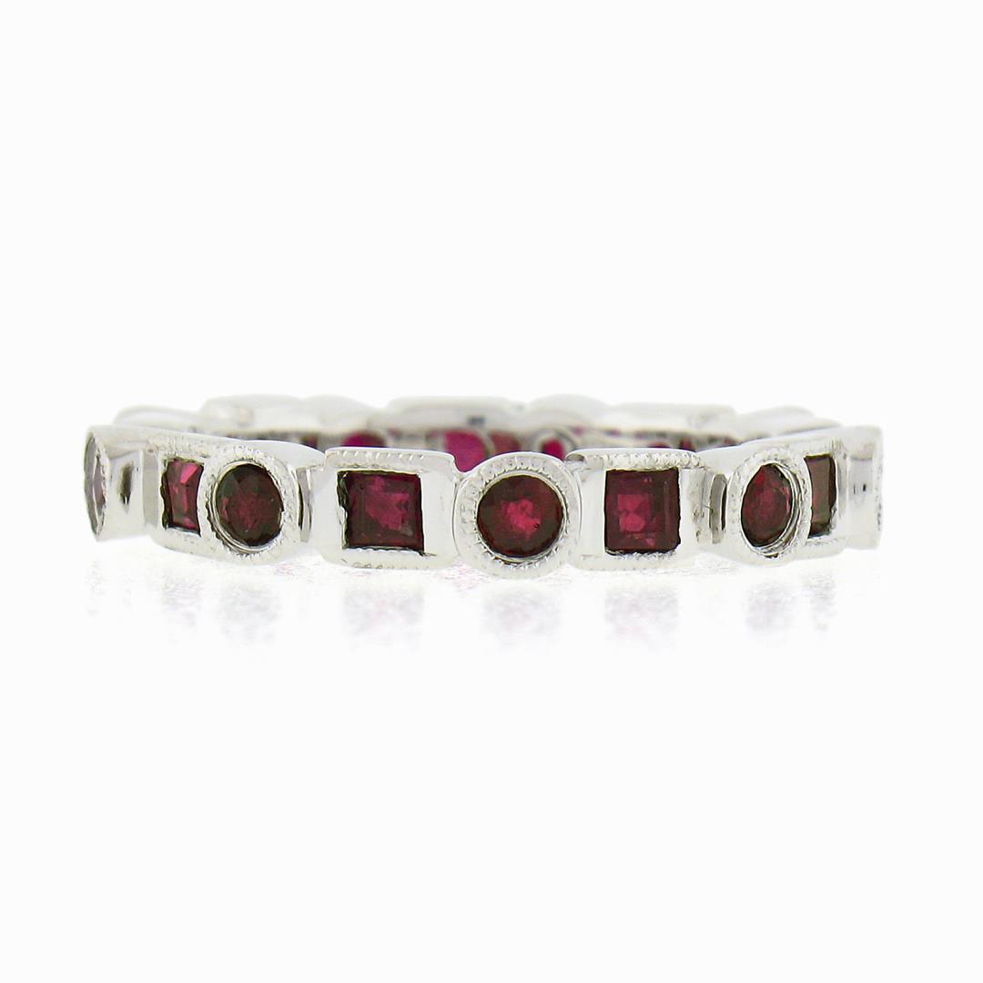 Estate 18k White Gold 1.42 ctw Round & Square Ruby Bezel Station Stack Band Ring