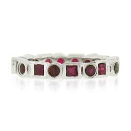Estate 18k White Gold 1.42 ctw Round & Square Ruby Bezel Station Stack Band Ring