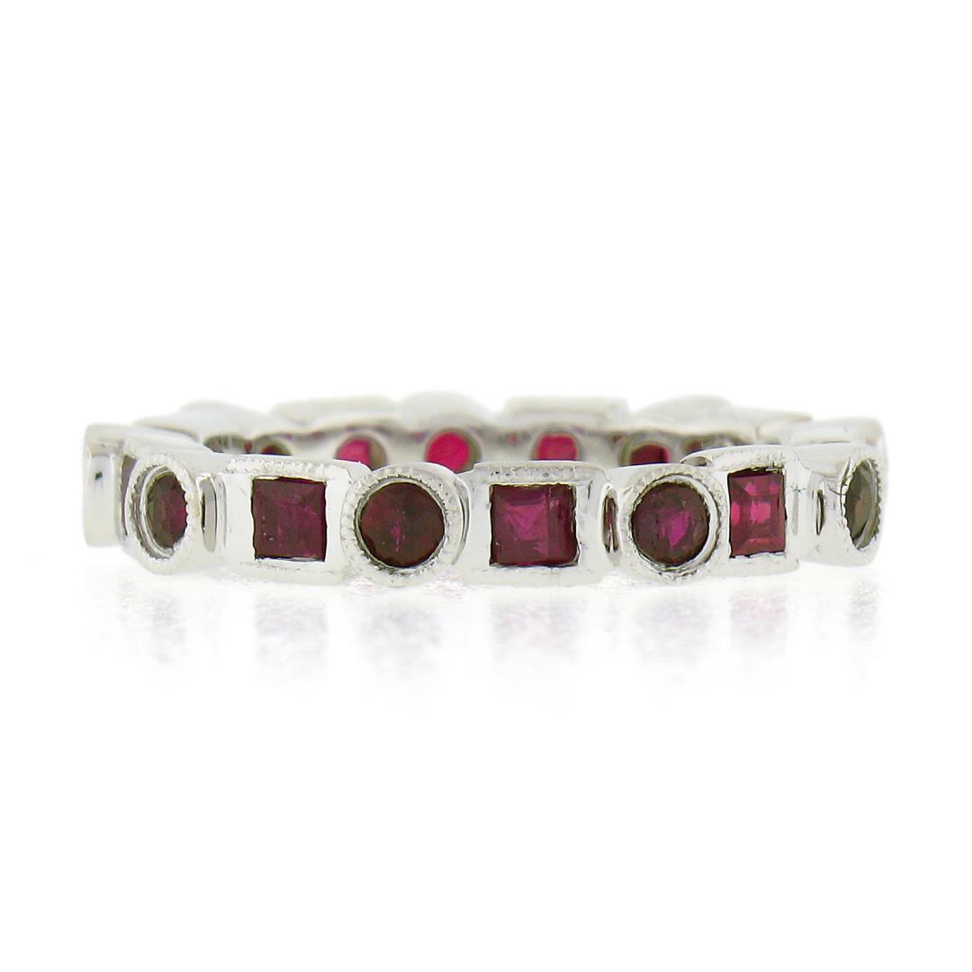 Estate 18k White Gold 1.42 ctw Round & Square Ruby Bezel Station Stack Band Ring