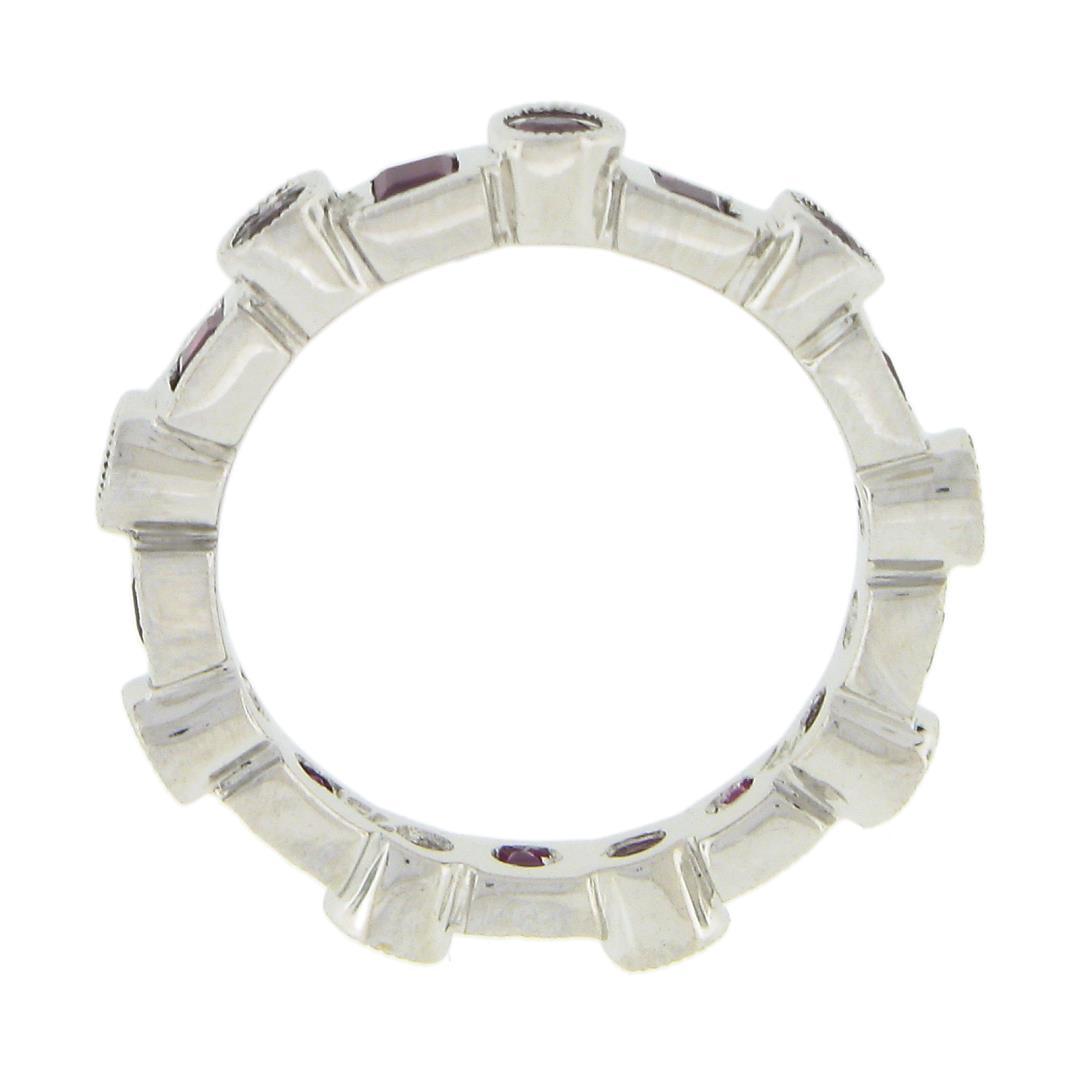 Estate 18k White Gold 1.42 ctw Round & Square Ruby Bezel Station Stack Band Ring