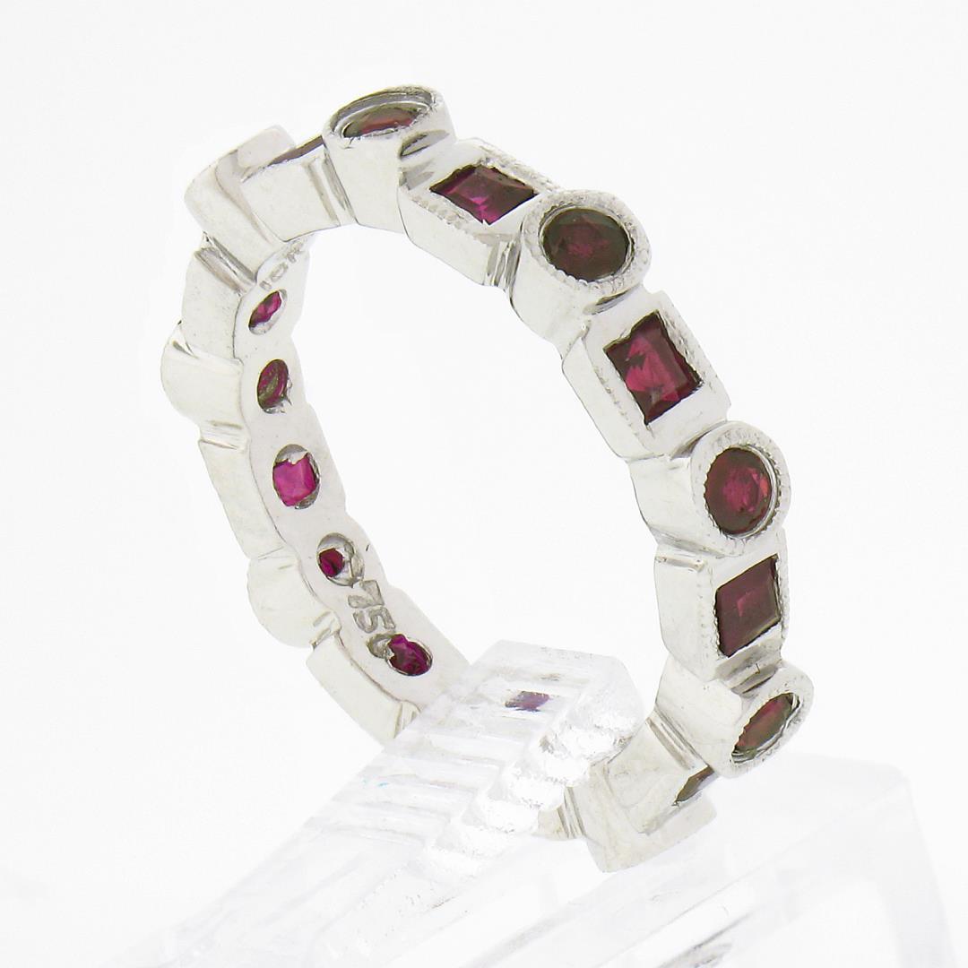 Estate 18k White Gold 1.42 ctw Round & Square Ruby Bezel Station Stack Band Ring