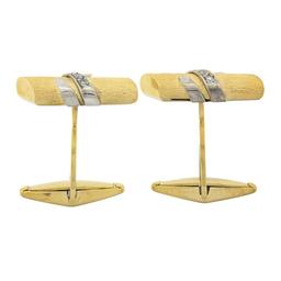 Men's 14K TT Gold 0.10 ctw Pave Diamond Textured Wrapped Bar Swivel Cuff Links