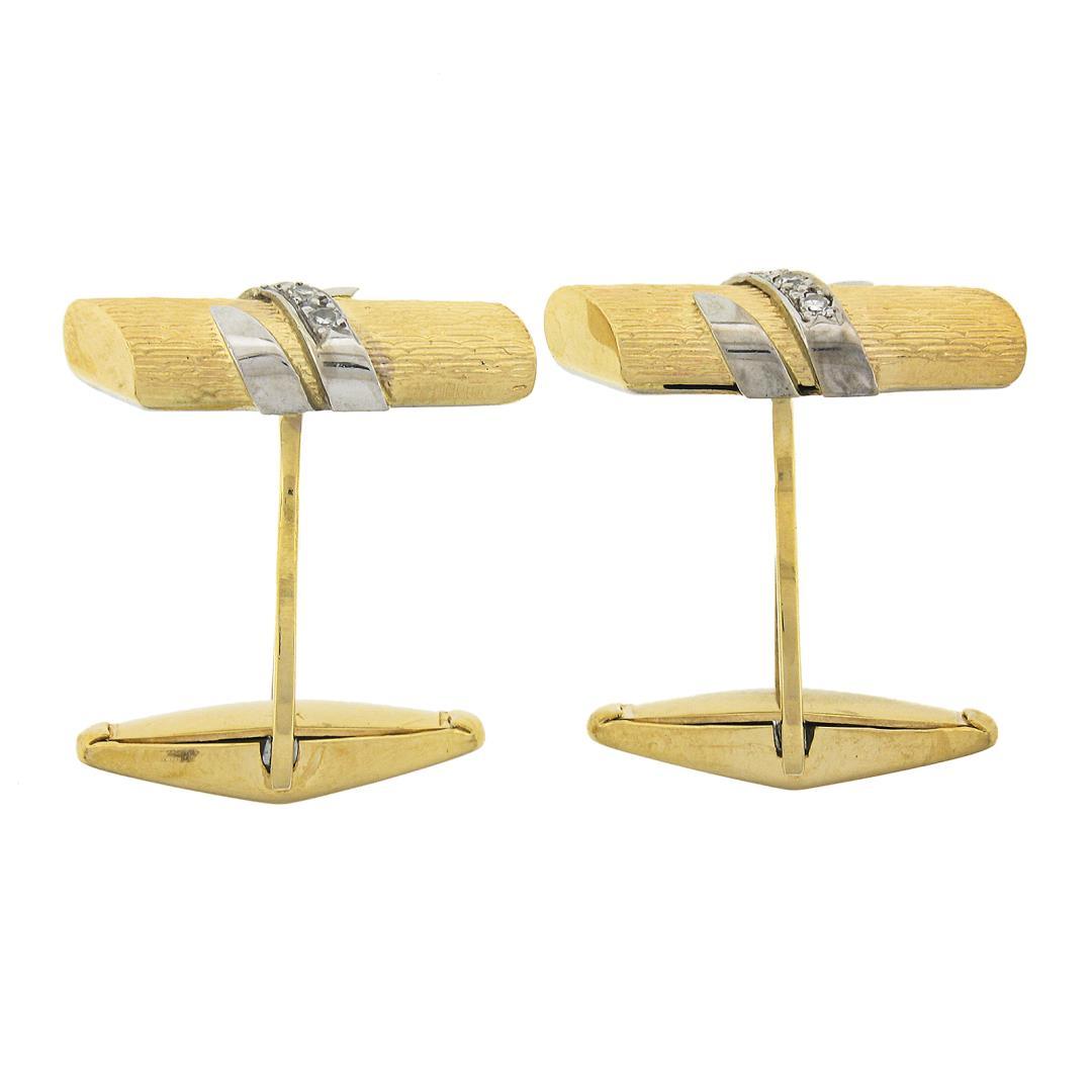 Men's 14K TT Gold 0.10 ctw Pave Diamond Textured Wrapped Bar Swivel Cuff Links