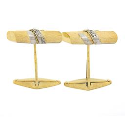Men's 14K TT Gold 0.10 ctw Pave Diamond Textured Wrapped Bar Swivel Cuff Links
