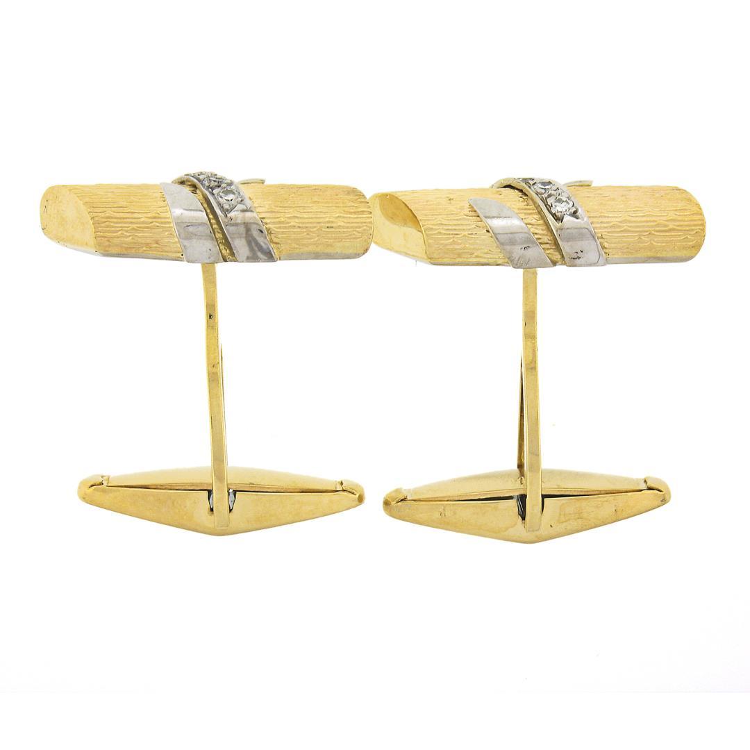 Men's 14K TT Gold 0.10 ctw Pave Diamond Textured Wrapped Bar Swivel Cuff Links