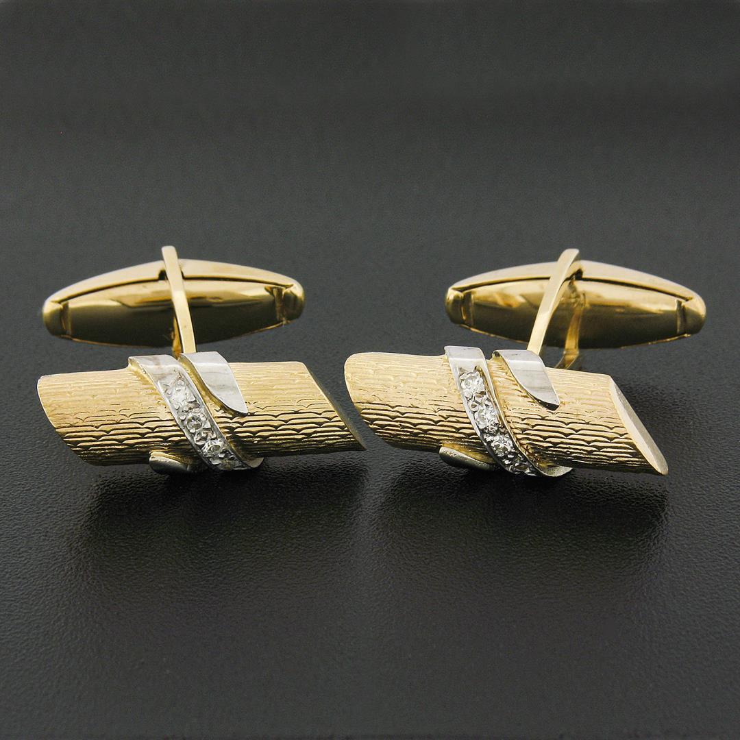 Men's 14K TT Gold 0.10 ctw Pave Diamond Textured Wrapped Bar Swivel Cuff Links