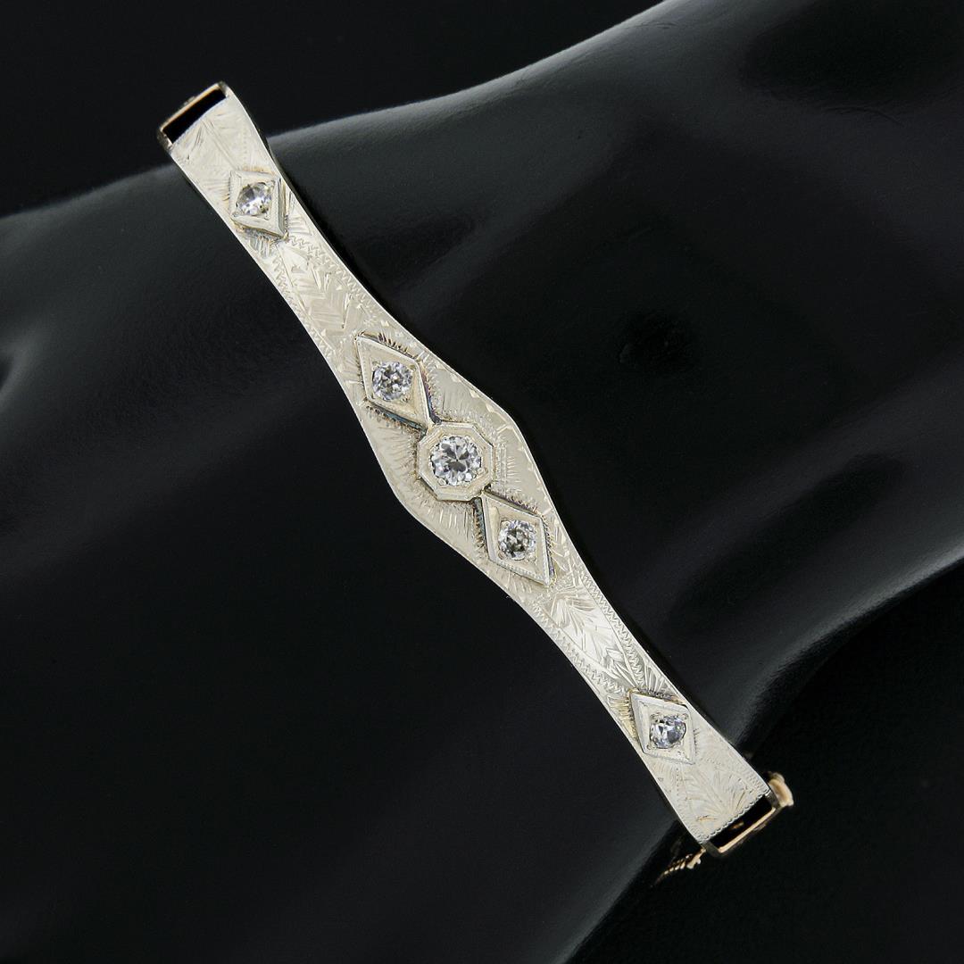 Antique Art Deco 18K TT Gold.37 ctw Diamond Engraved Hinged Open Bangle Bracelet