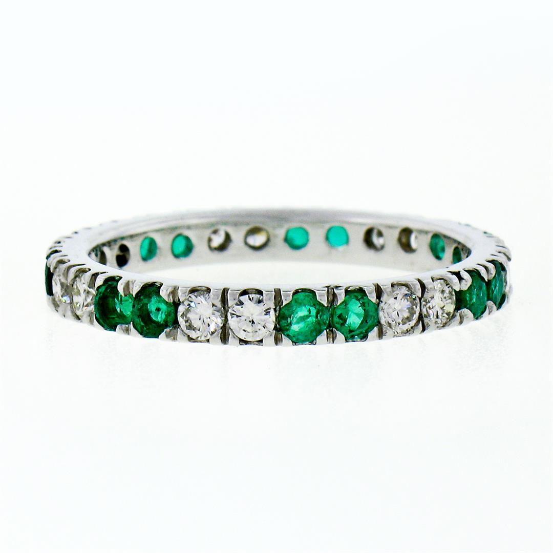 14K White Gold 1.40 ctw Round Shared Prong Diamond & Emerald Eternity Band Ring