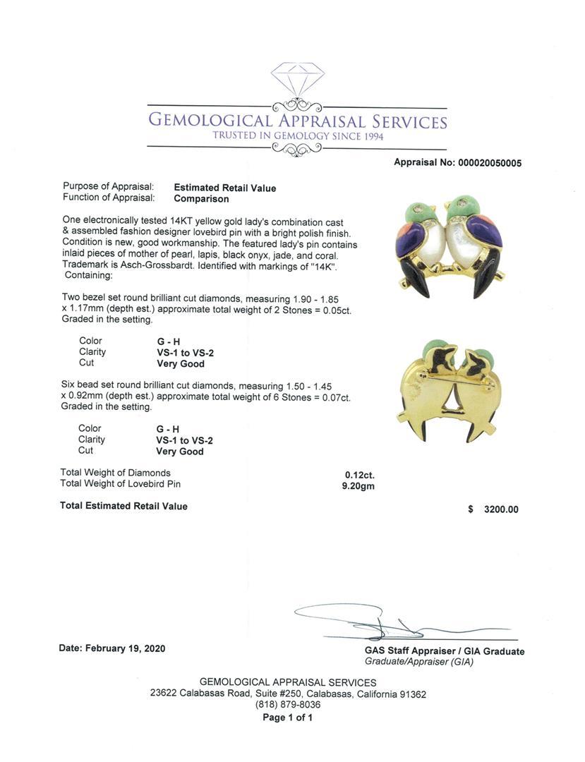 0.12 ctw Diamond and Multi-Colored Gemstone Lovebird Pin - 14KT Yellow Gold