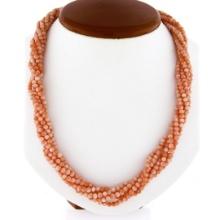 Vintage 24" Multi Strand Coral Bead Torsade Necklace w/ 14k Gold Carved Clasp