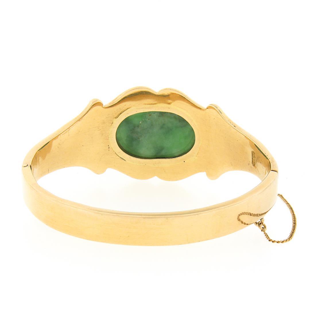 Vintage 14k Gold 6" Oval Cabochon Bezel Jade Wide Hinged Open Bangle Bracelet
