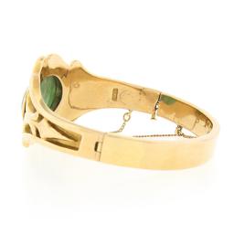 Vintage 14k Gold 6" Oval Cabochon Bezel Jade Wide Hinged Open Bangle Bracelet