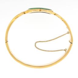 Vintage 14k Gold 6" Oval Cabochon Bezel Jade Wide Hinged Open Bangle Bracelet