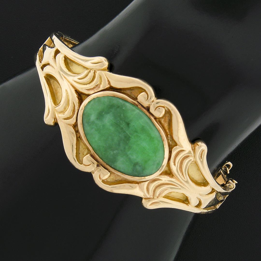 Vintage 14k Gold 6" Oval Cabochon Bezel Jade Wide Hinged Open Bangle Bracelet