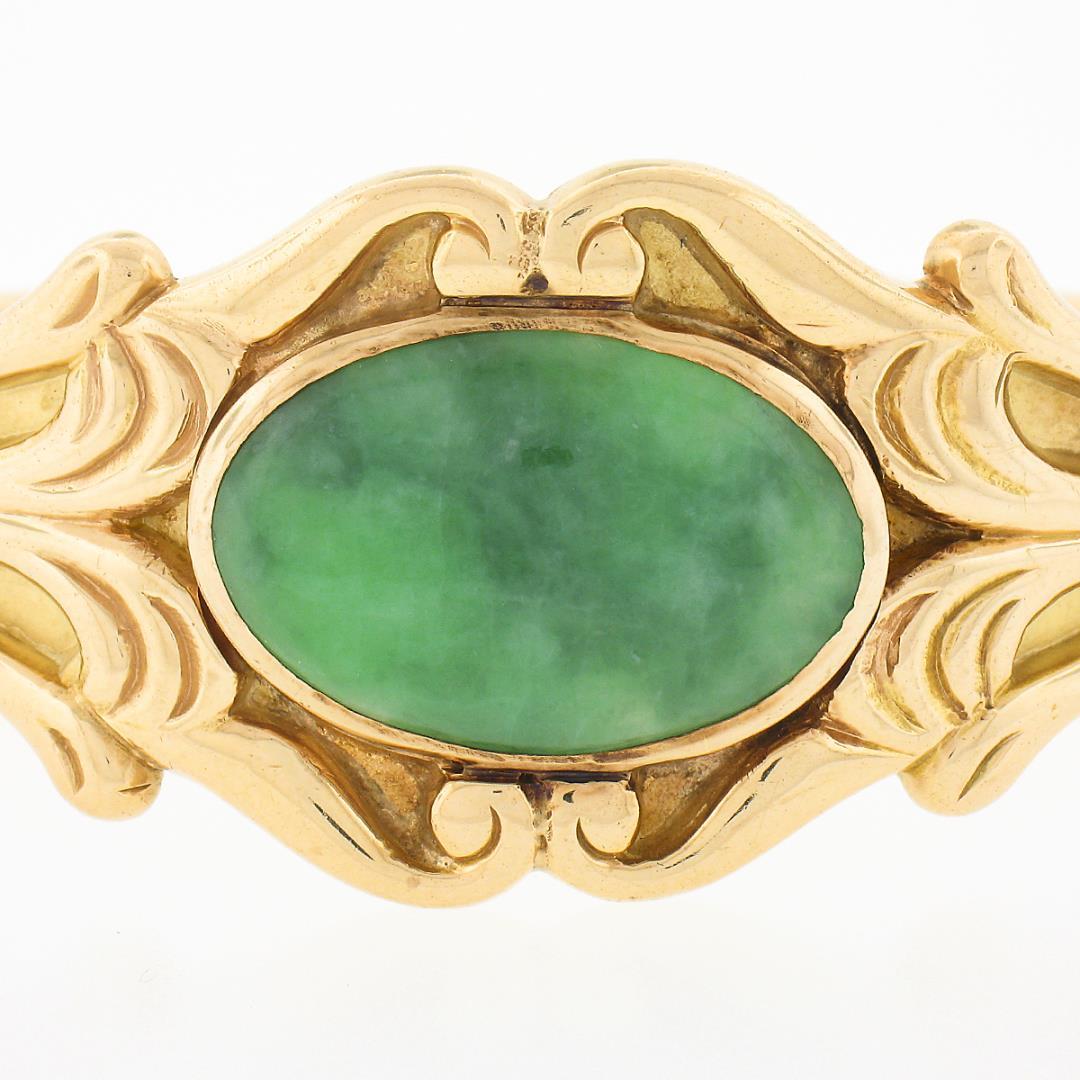 Vintage 14k Gold 6" Oval Cabochon Bezel Jade Wide Hinged Open Bangle Bracelet
