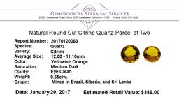 9.65 ctw.Natural Round Cut Citrine Quartz Parcel of Two