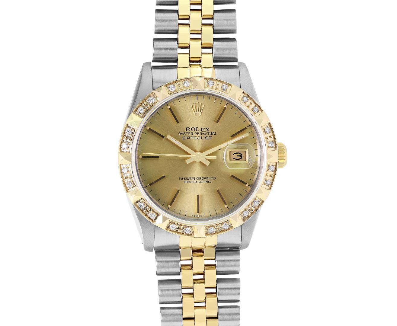 Rolex Mens Two Tone Champagne Index Dial Pyramid Diamond Bezel With Rolex Box