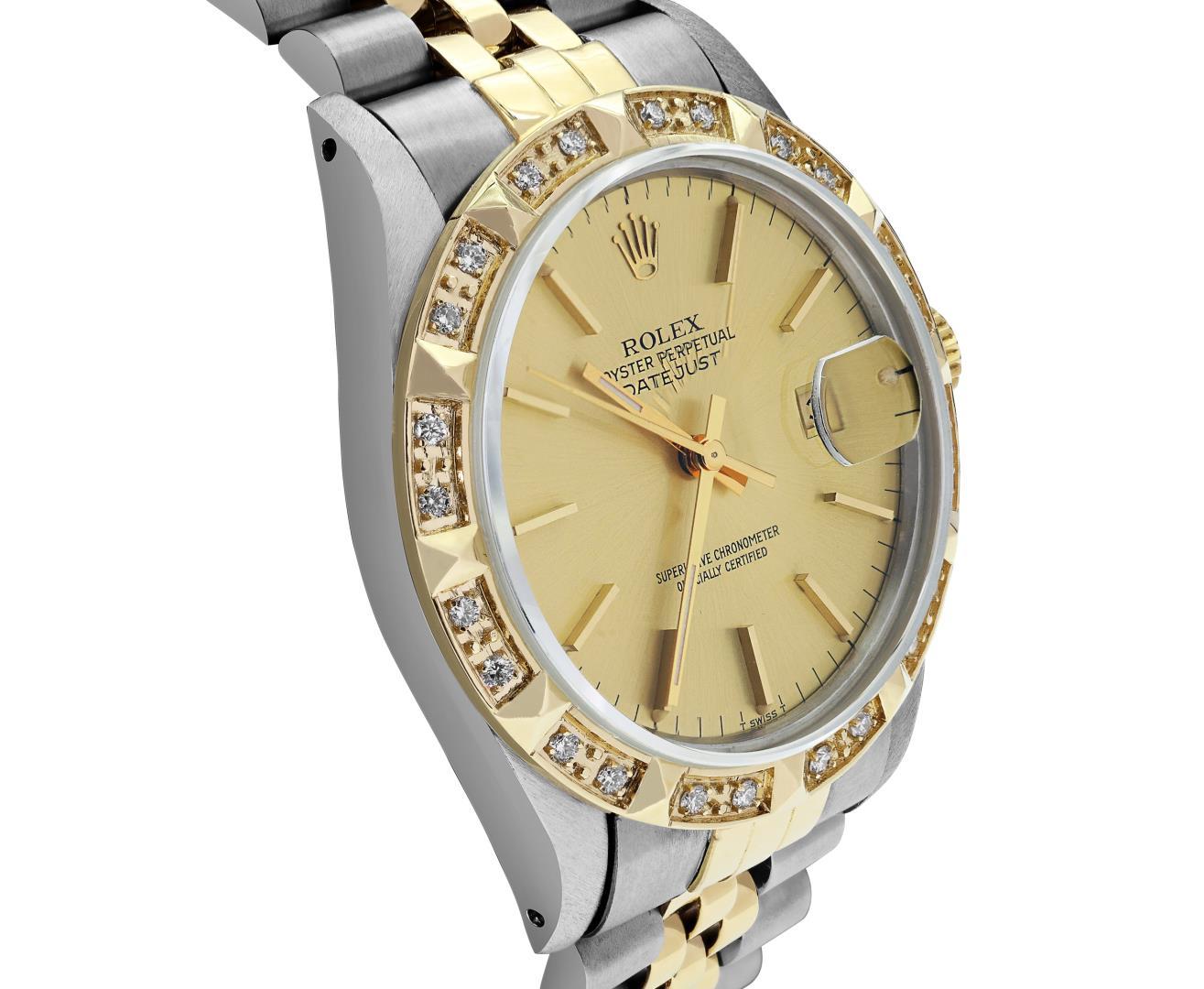 Rolex Mens Two Tone Champagne Index Dial Pyramid Diamond Bezel With Rolex Box