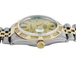 Rolex Mens Two Tone Champagne Index Dial Pyramid Diamond Bezel With Rolex Box