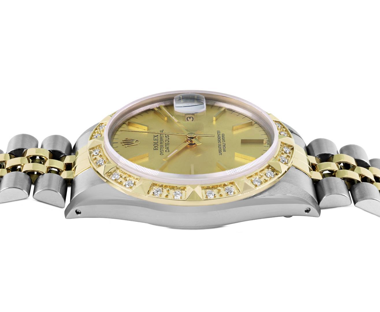 Rolex Mens Two Tone Champagne Index Dial Pyramid Diamond Bezel With Rolex Box